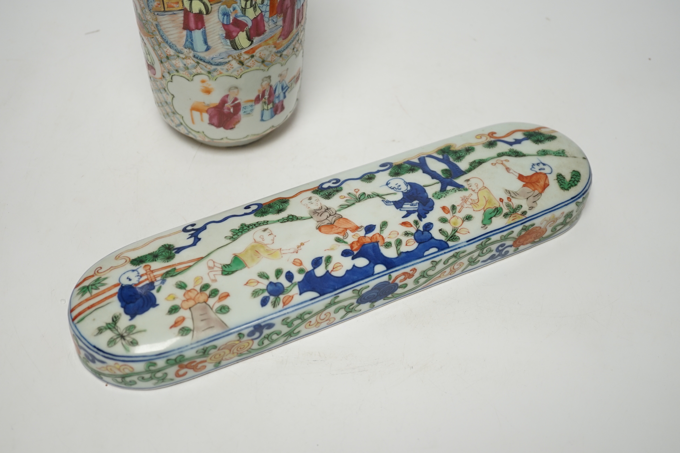 A Chinese famille rose vase and a porcelain cover decorated with children, largest 33cm wide